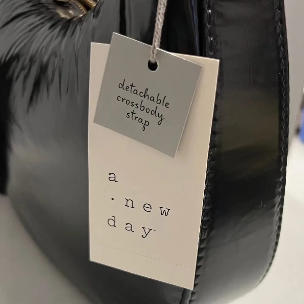A New Day Black Puffer Hobo Bag with Detachable Crossbody Strap‎ Shiny Soft NEW
